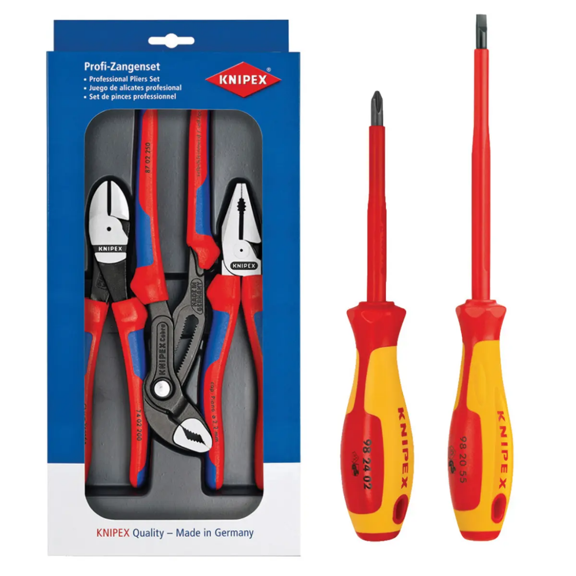 Picture of KNIPEX Combo Pliers, Diagonal Cutters, Water Pump Pliers, Bonus 1000V VDE Screw Drivers