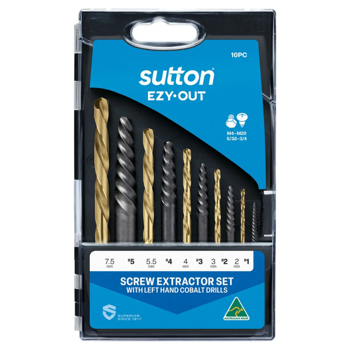 Picture of Screw Extractor Set, 10pce, #1 to #6, c/w 2.0-7.5mm Left Hand Cobalt Drills,  Sutton