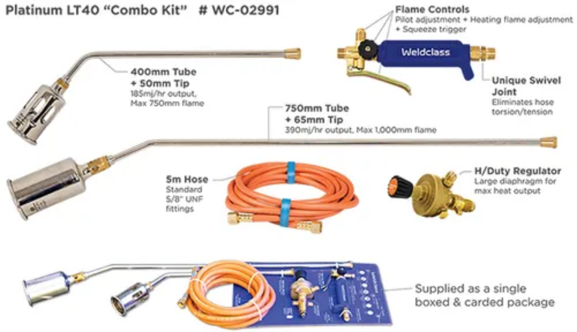 Picture of Burner Torch Kit, LPG, Combo, Handle, 400 & 750mm Tubes, 50 & 65mm Tips, 5m Hose, Regulator