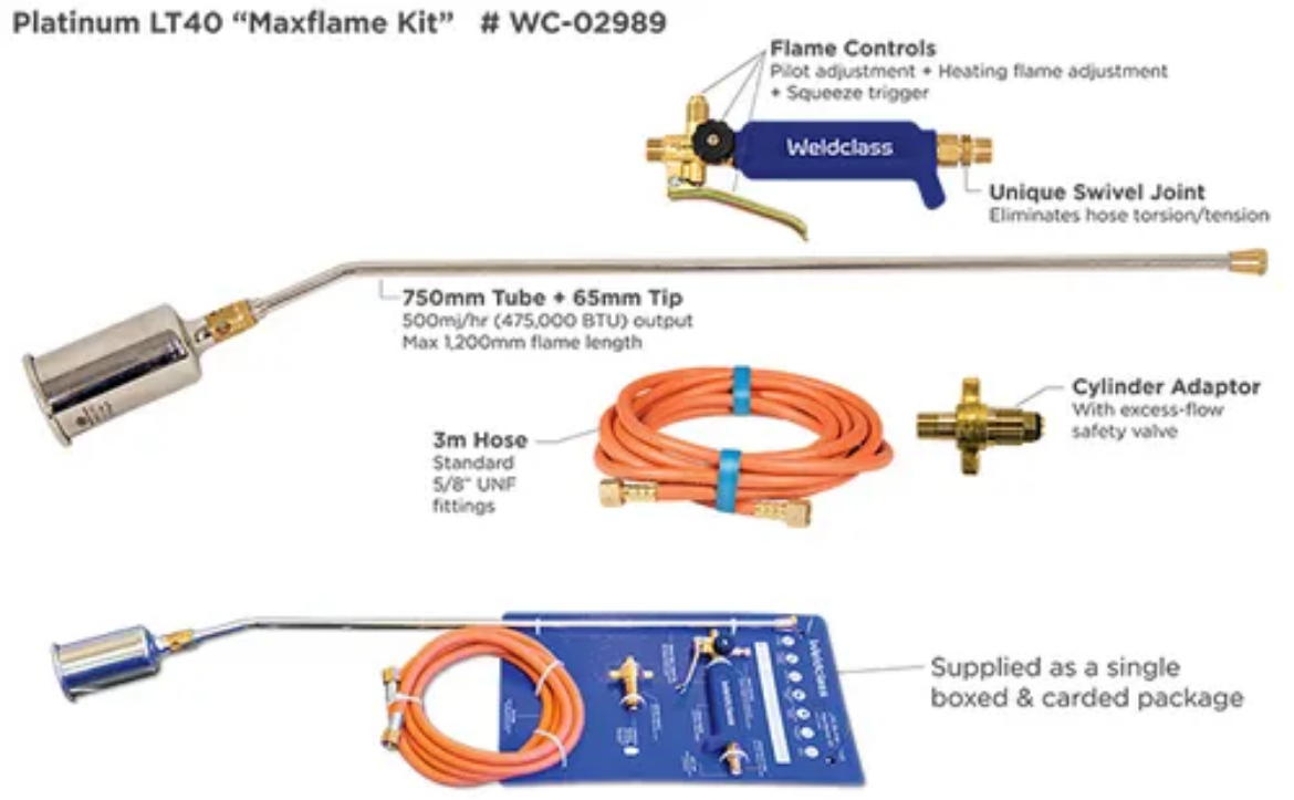 Picture of Burner Torch Kit, LPG, Maxflame, Handle, 750mm Tube, 65mm Tip, 3m Hose, Cylinder Adaptor (Operates on full bottle pressure for max heat output & flame size)