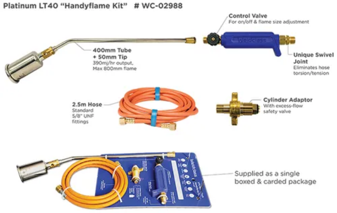 Picture of Burner Torch Kit, LPG, Handyflame, Handle, 400mm Tube, 50mm Tip, 2.5m Hose, Cylinder Adaptor