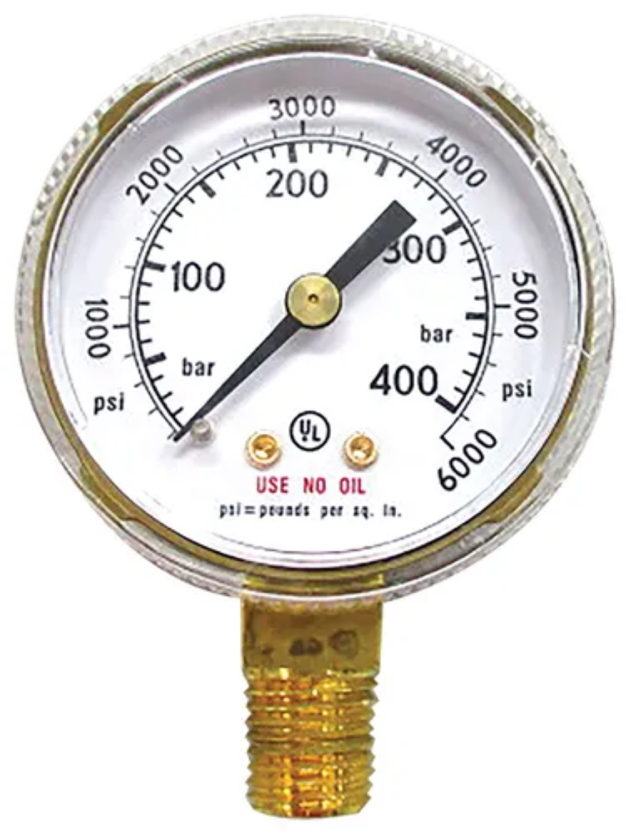 Picture of Regulator Gauge only, Inert / Nitrogen High / Delivery Pressure 0-40,000kpa (400bar / 5,800psi) 1/4 NPT
Suitable replacement bottle pressure gauge for Weldclass WC-03400 High-Pressure Nitrogen Regulator