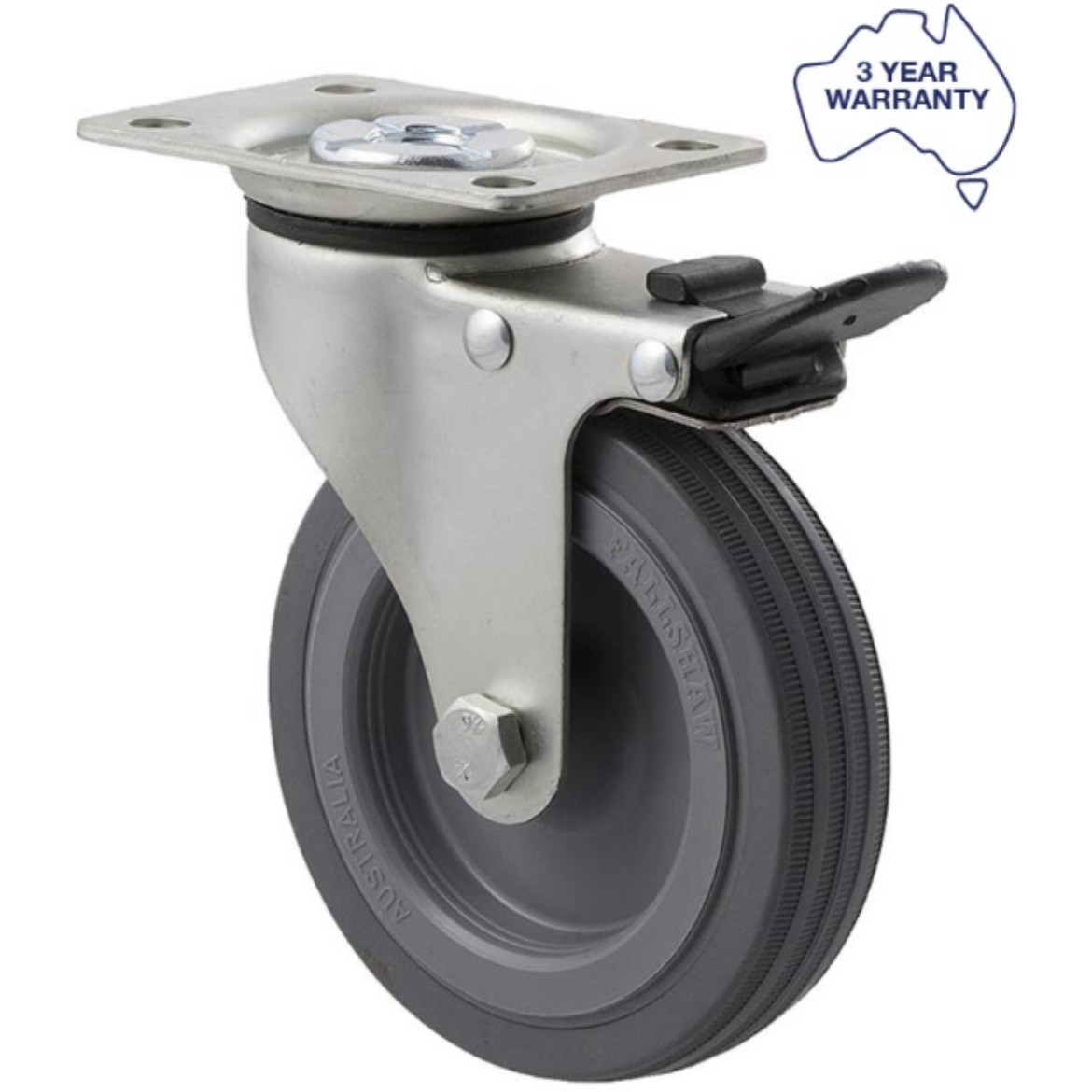 Picture of Castor, 100mm x 23mm Grey Rubber Wheel, Swivel Brake, 50kg rated