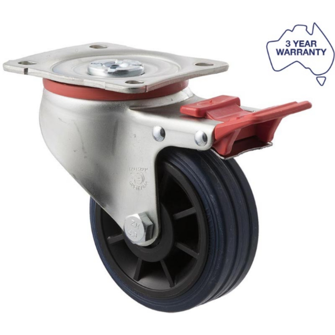 Picture of Castor, 100mm x 32mm Blue Rubber Wheel, Swivel with Brake, 150kg rated