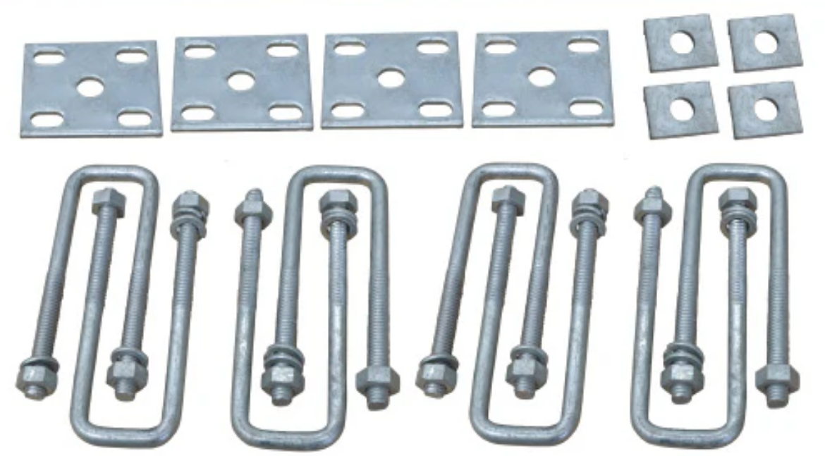 Picture of U-Bolt Kit, 45mm Square, 130mm (5") x 1/2" BSW, 8 x U-Bolts/Nuts, 4 x Fish Plates, 4 x Axle Pads, Zinc Plated, suit 60mm Springs