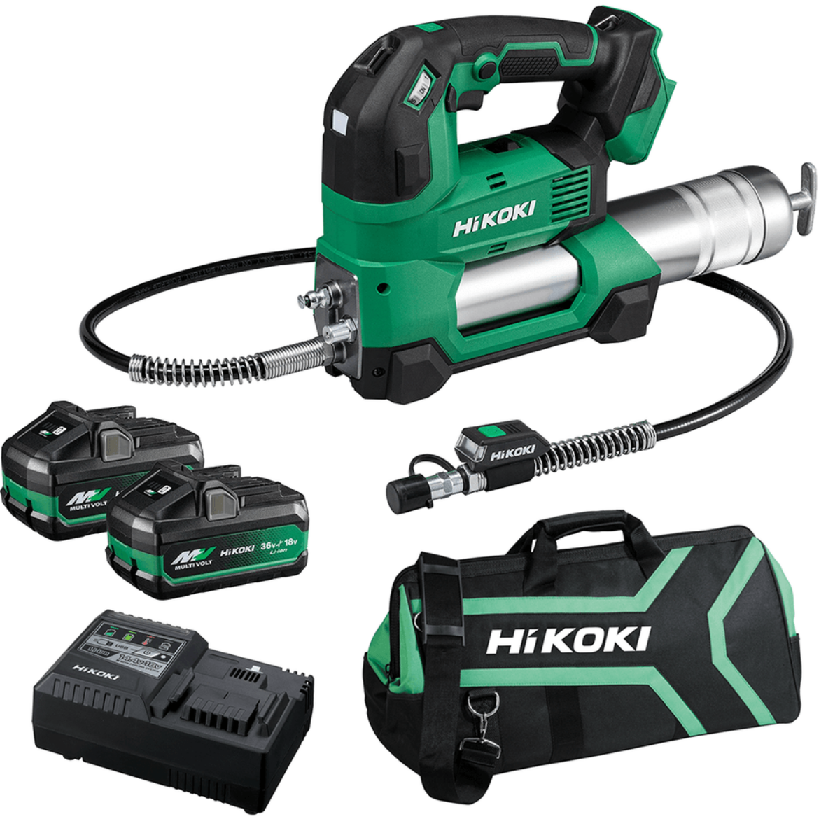 Picture of HIKOKI Grease Gun Kit, 18V Cordless
- 2 x BSL36A18X Li-ion Slide Battery A
- 1 x UC18YSL3(H0Z) Rapid Cooling Charger with USB Port
- 1 x 402094 Large Site Bag