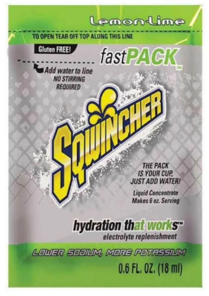 Picture of Sqwincher Fast Pack 180ml (Lemon-Lime), 50 Satchels per Box.  Packet is the cup, just add water.