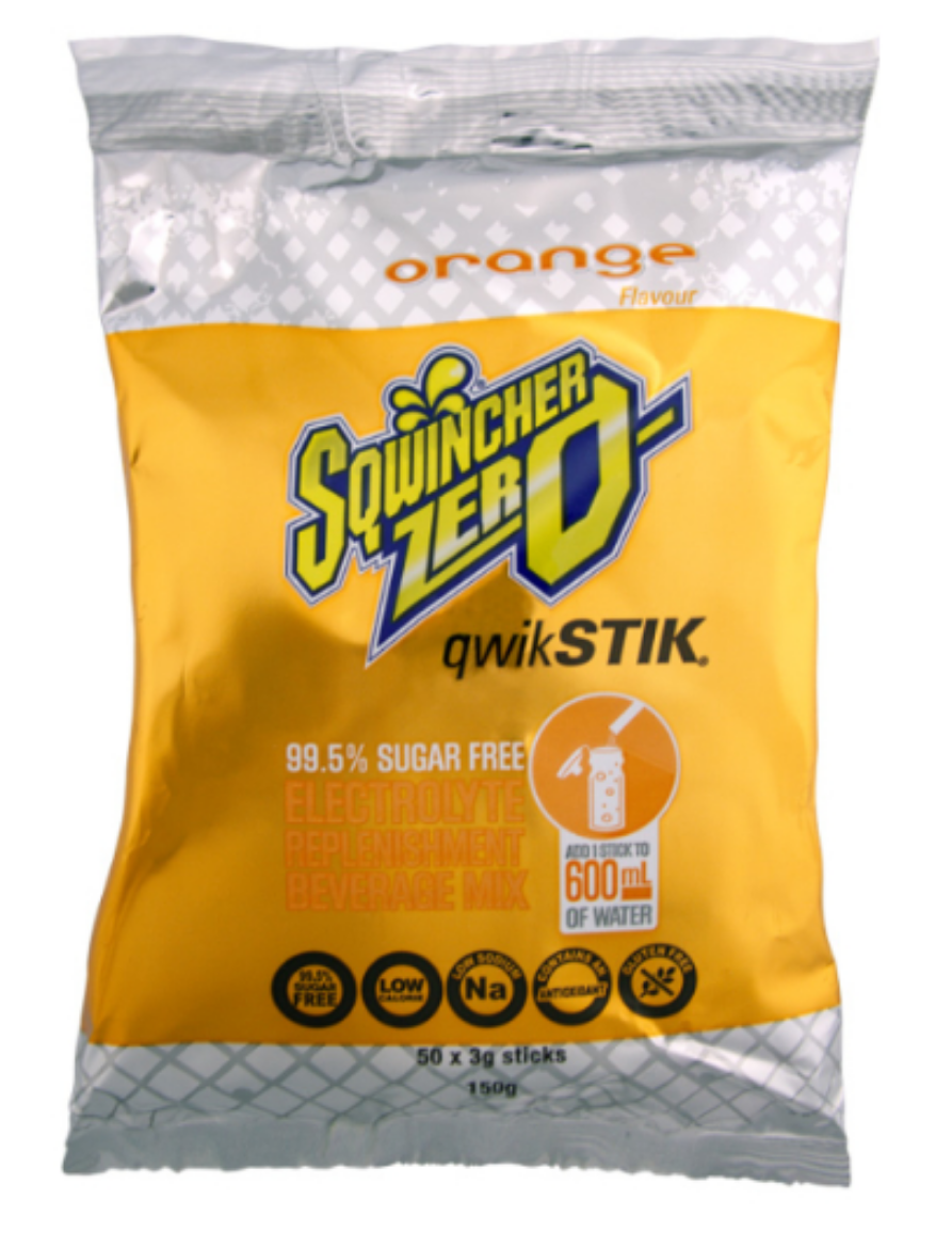 Picture of Sqwincher Fast Pack 180ml (Orange), 50 Satchels per Box.  Packet is the cup, just add water.